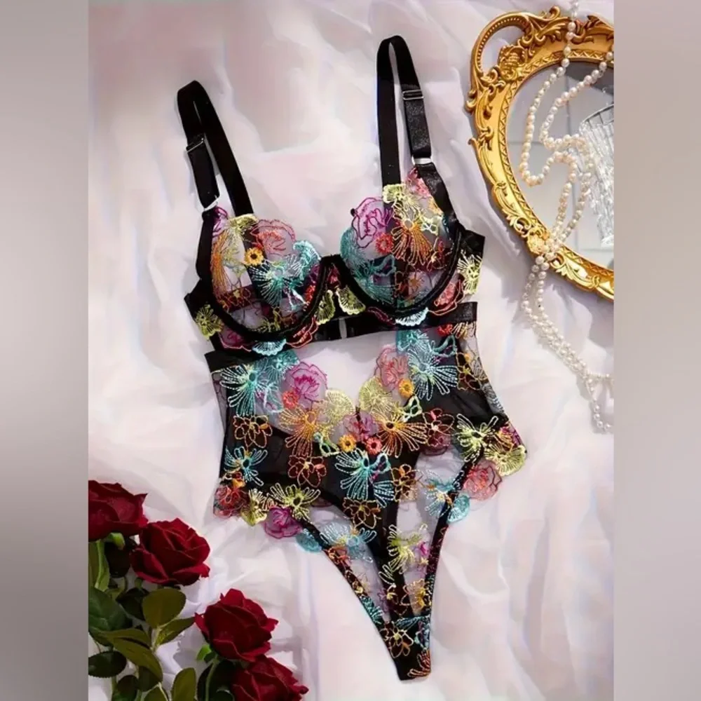 Floral Embroidered Black Sheer Bodysuit - Women Intimates